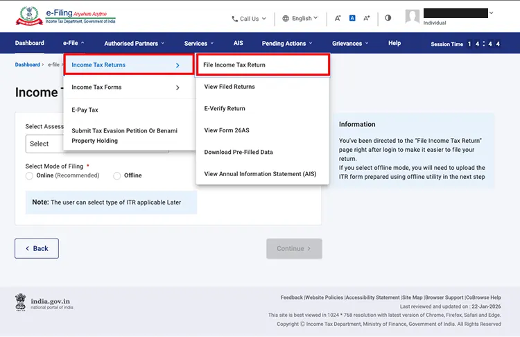 Navigate to File Income Tax Return