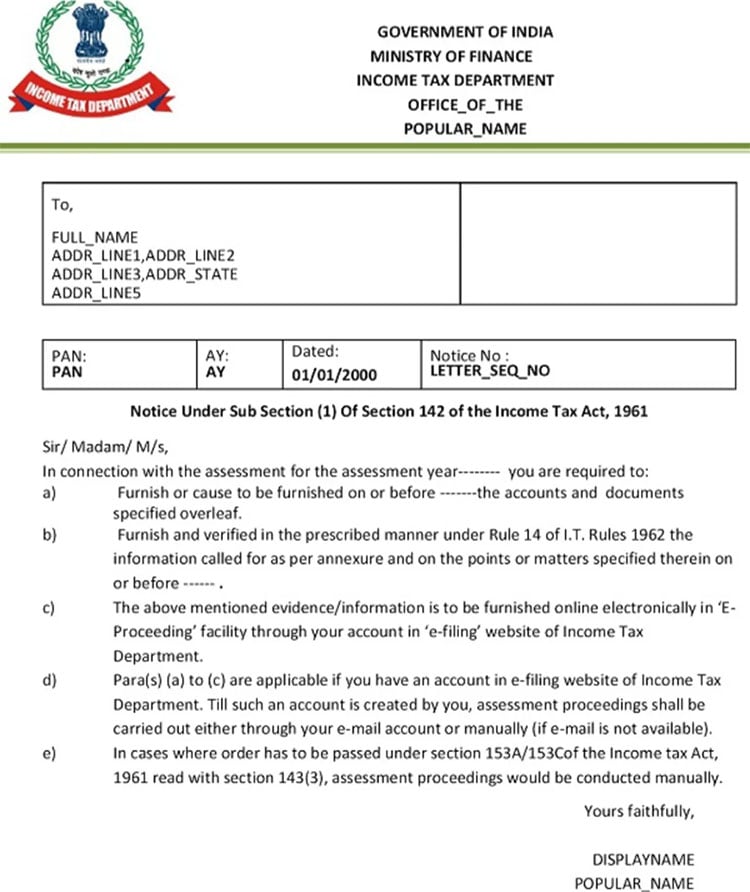 Sample email of the Notice under Section 142(1)